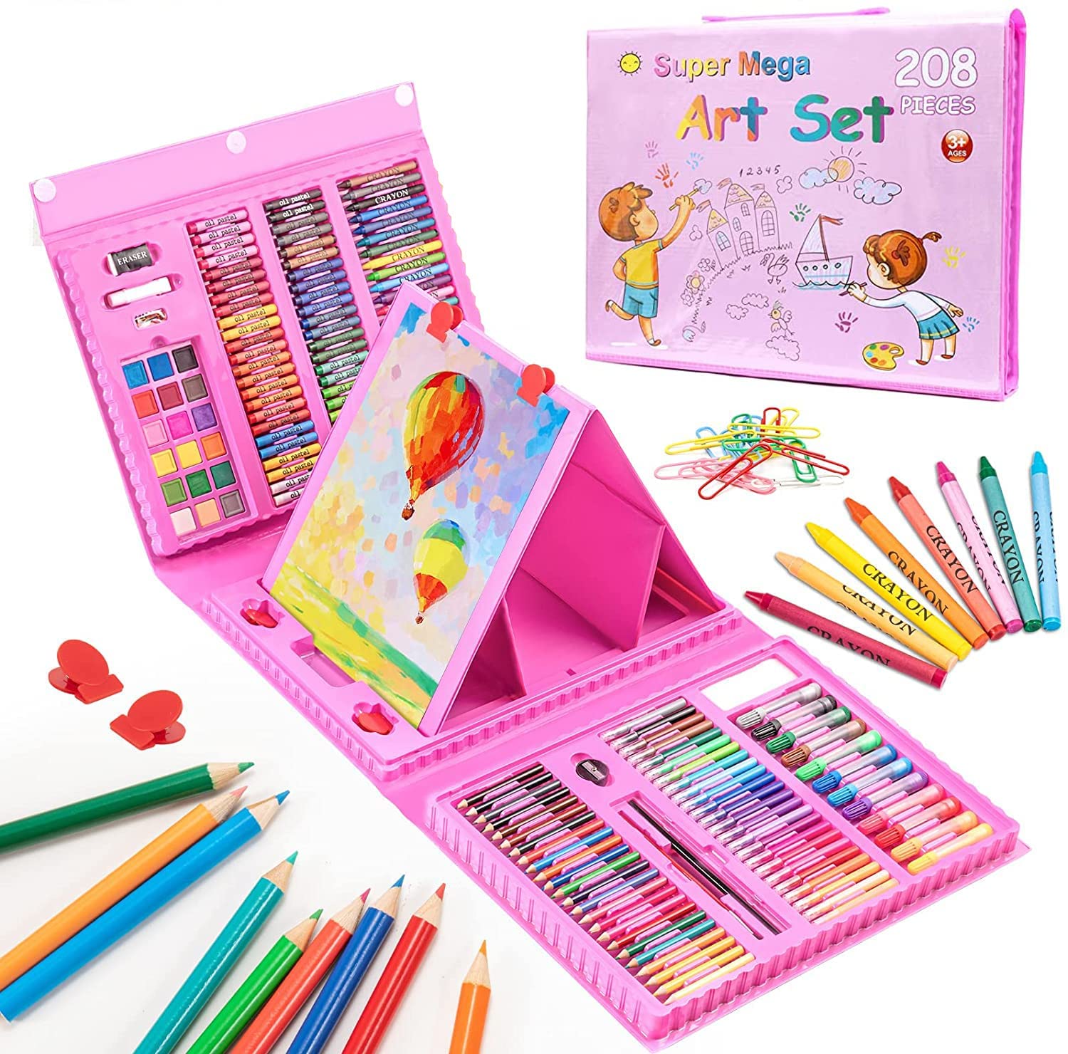 Double Sided Trifold Easel Art Set, Drawing Art Box with Oil Pastels,  Crayons, Colored Pencils, Markers, Paint Brush, Watercolor Cakes, Sketch  Pad (PINGK, 208) 